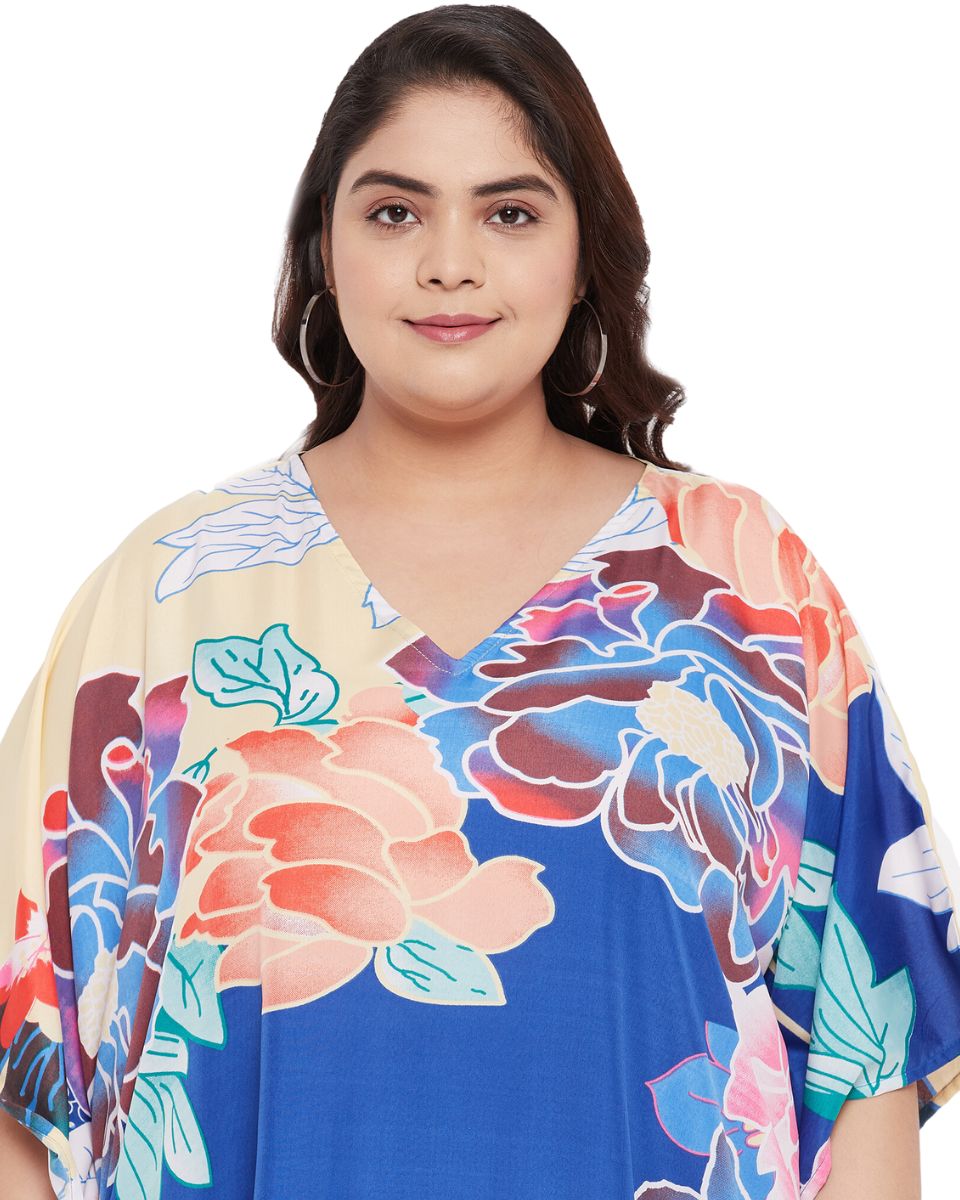 Floral Printed Blue Polyester Kaftan Plus Size Dress For Women