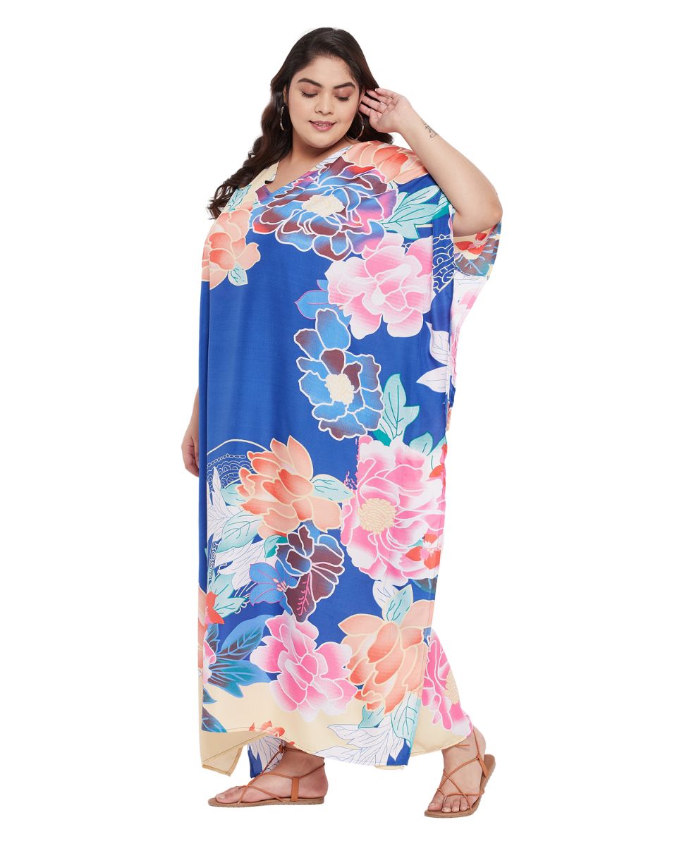 Floral Printed Blue Polyester Kaftan Plus Size Dress For Women