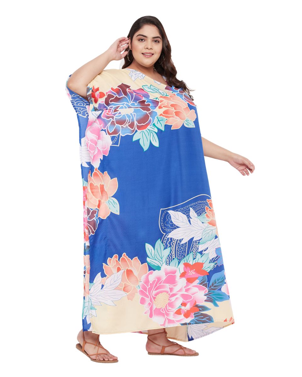 Floral Printed Blue Polyester Kaftan Plus Size Dress For Women