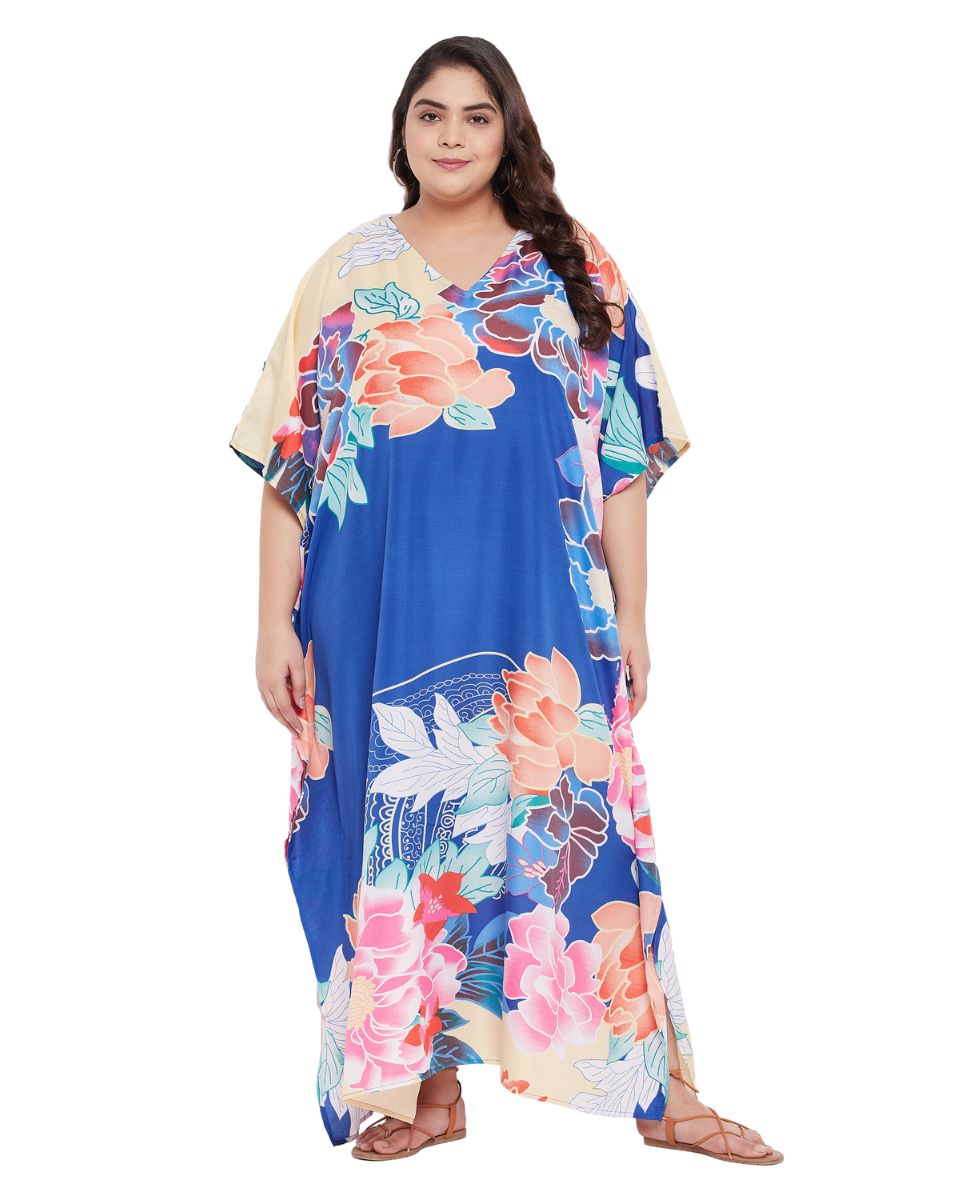 Floral Printed Blue Polyester Kaftan Plus Size Dress For Women