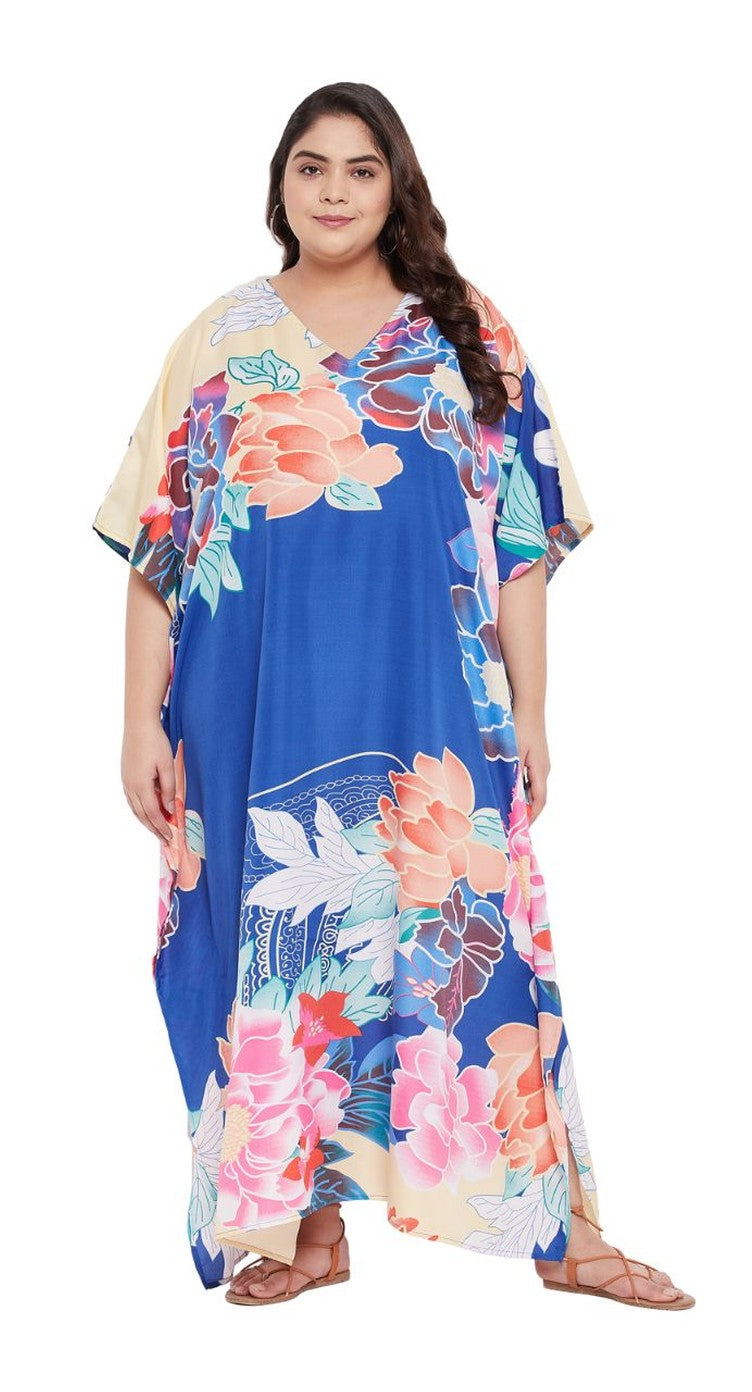 Blue polyester plus size kaftan with pink and coral peony floral print and cream border sleeves