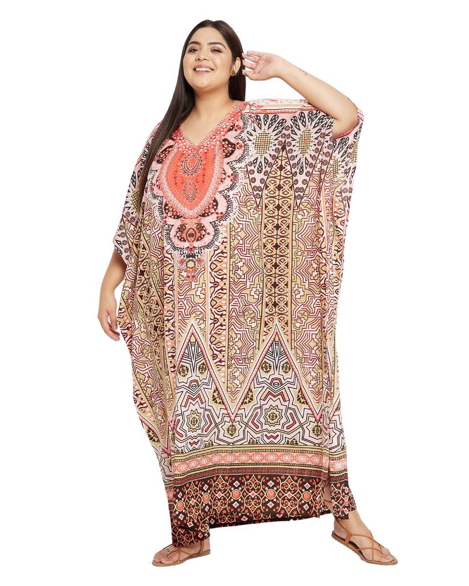 Kaftan For Plus Size Women Tribal Printed Multicolor Polyester