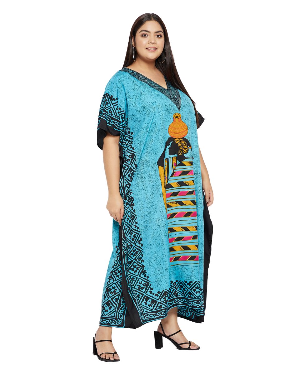 Turquoise Polyester Tribal Print Kaftan For Plus Size Women