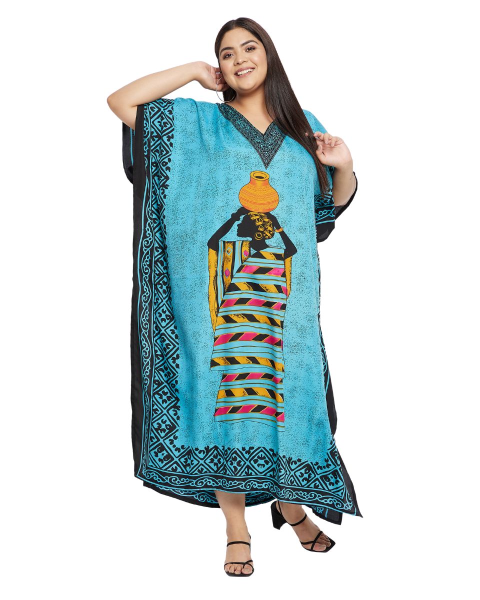 Turquoise Polyester Tribal Print Kaftan For Plus Size Women