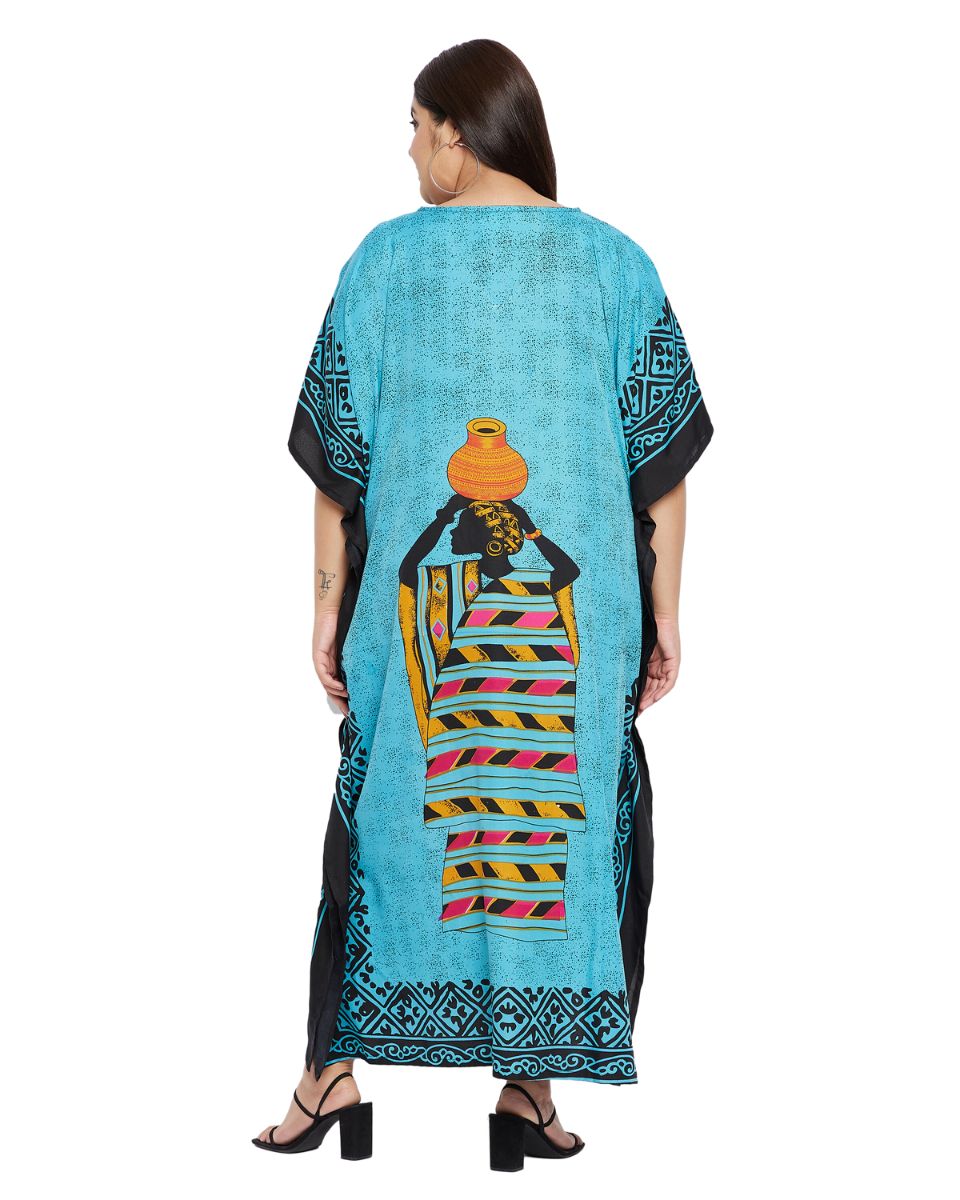 Turquoise Polyester Tribal Print Kaftan For Plus Size Women