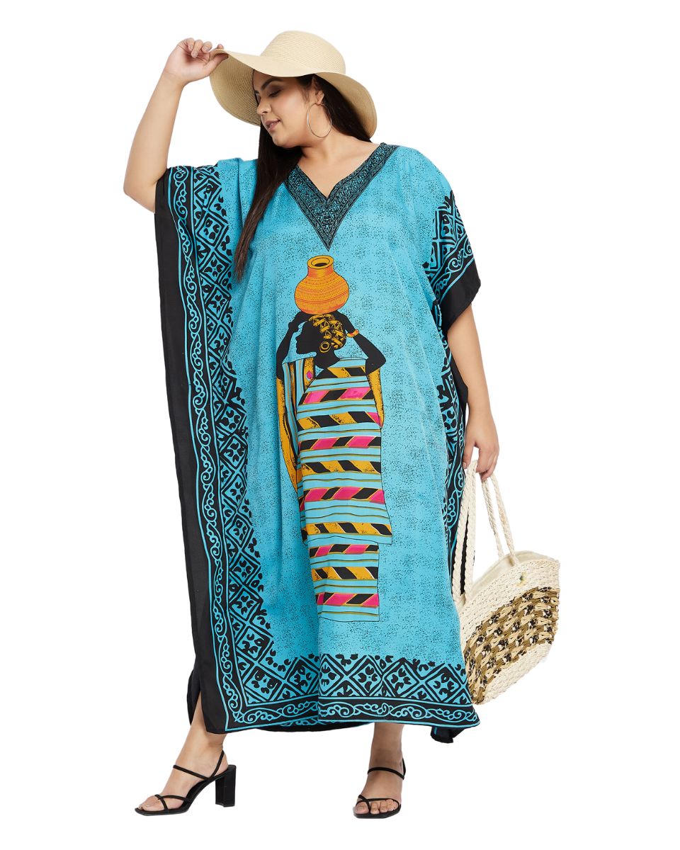 Turquoise Polyester Tribal Print Kaftan For Plus Size Women
