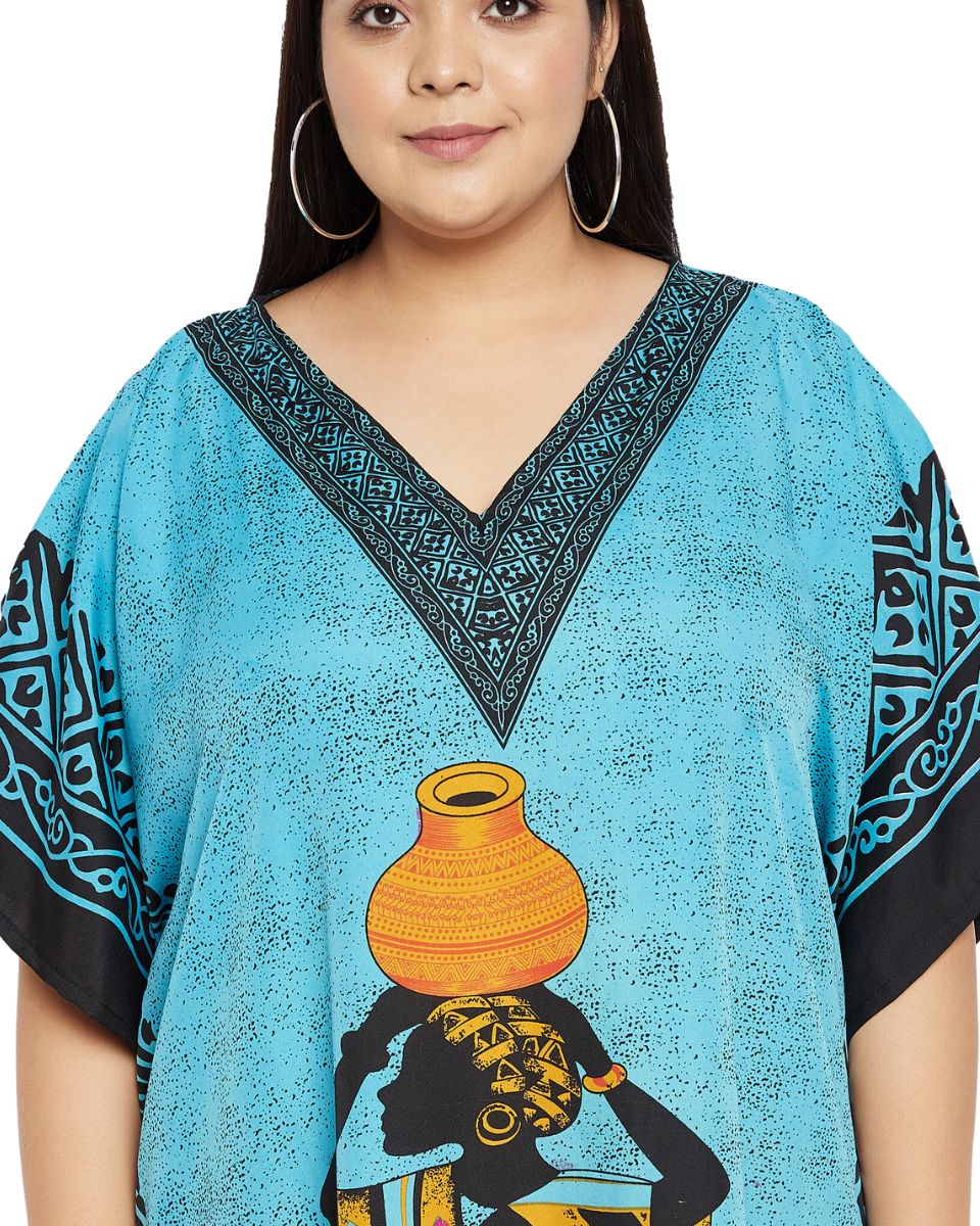 Turquoise Polyester Tribal Print Kaftan For Plus Size Women