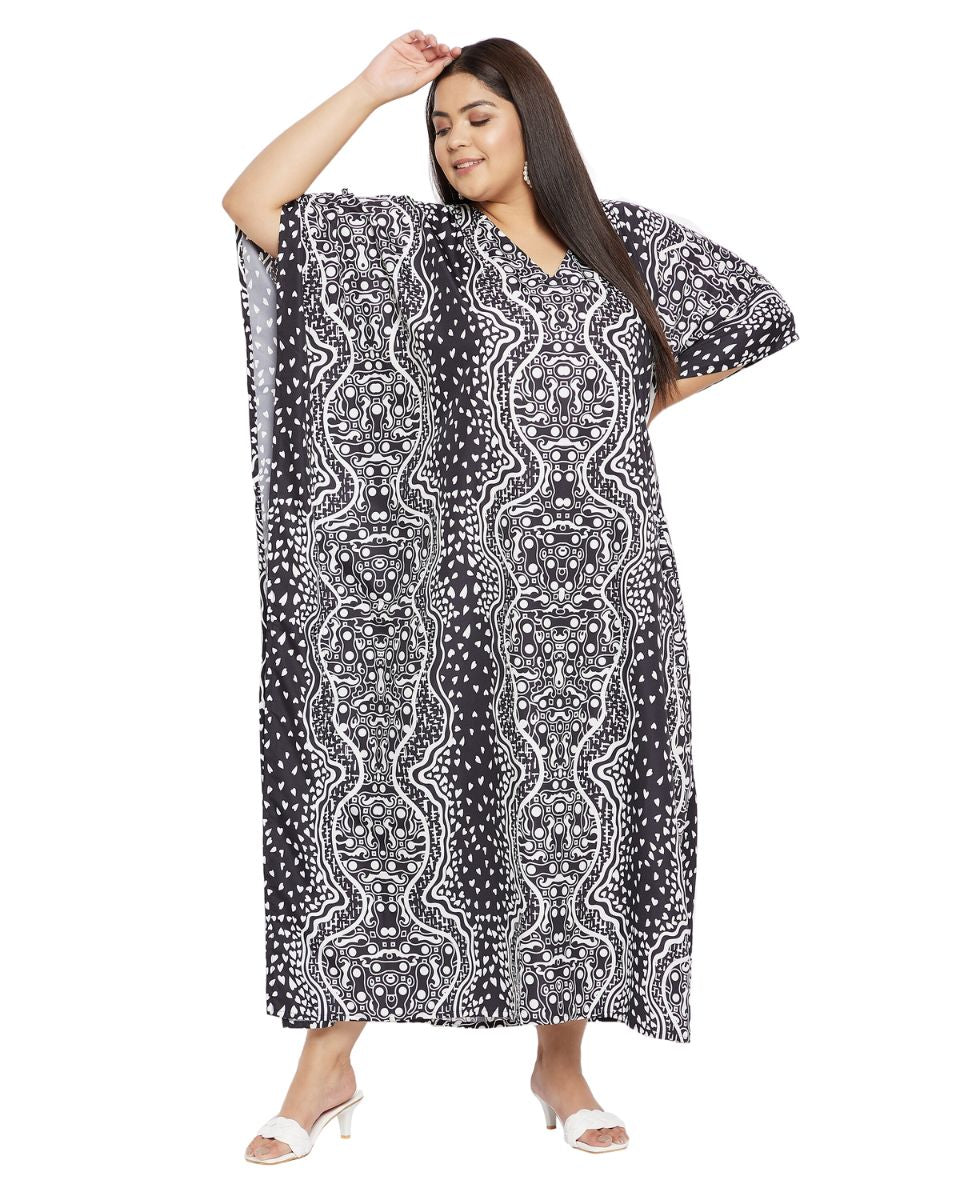 Abstract Print Black And Gray Polyester Plus Size Kaftan For Women