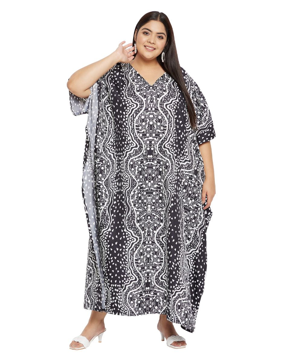 Abstract Print Black And Gray Polyester Plus Size Kaftan For Women