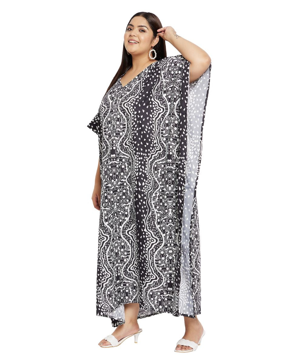 Abstract Print Black And Gray Polyester Plus Size Kaftan For Women