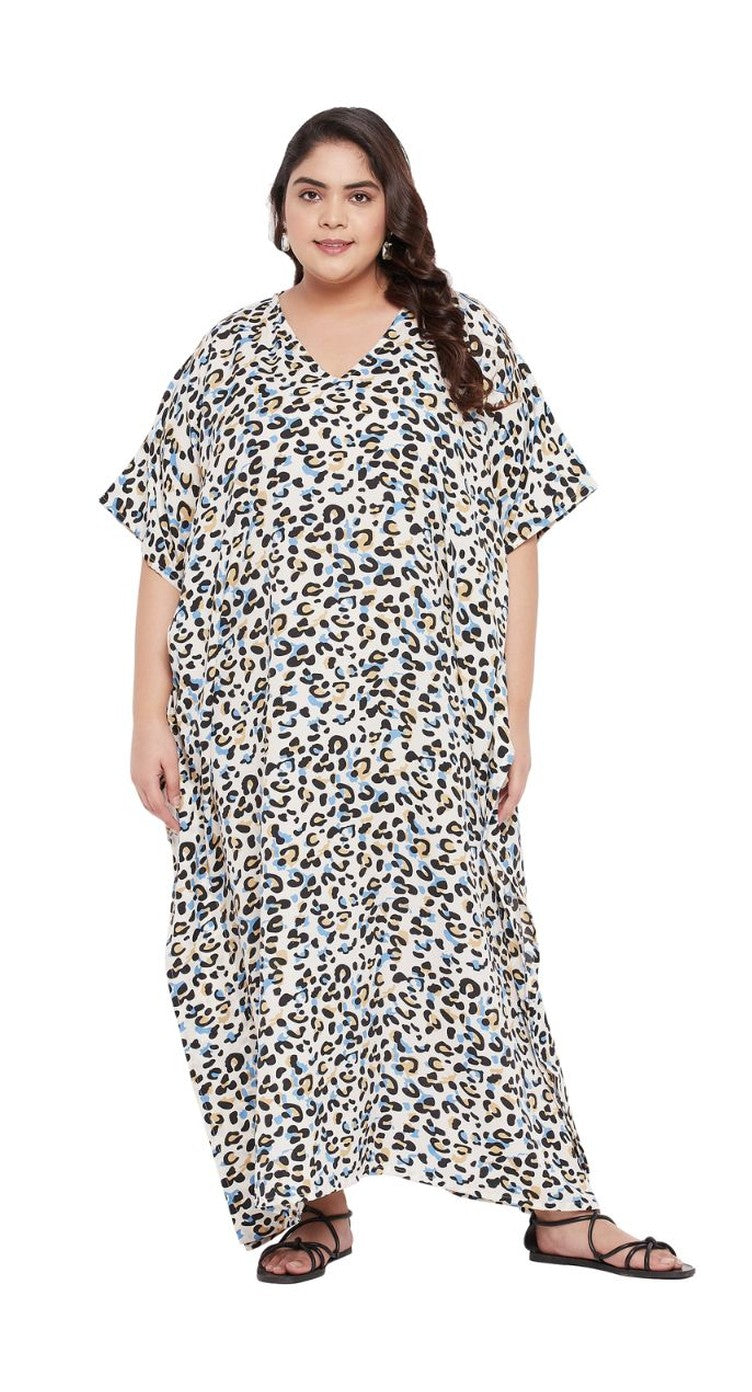 Ivory plus size kaftan with all-over leopard spot print and V-neck