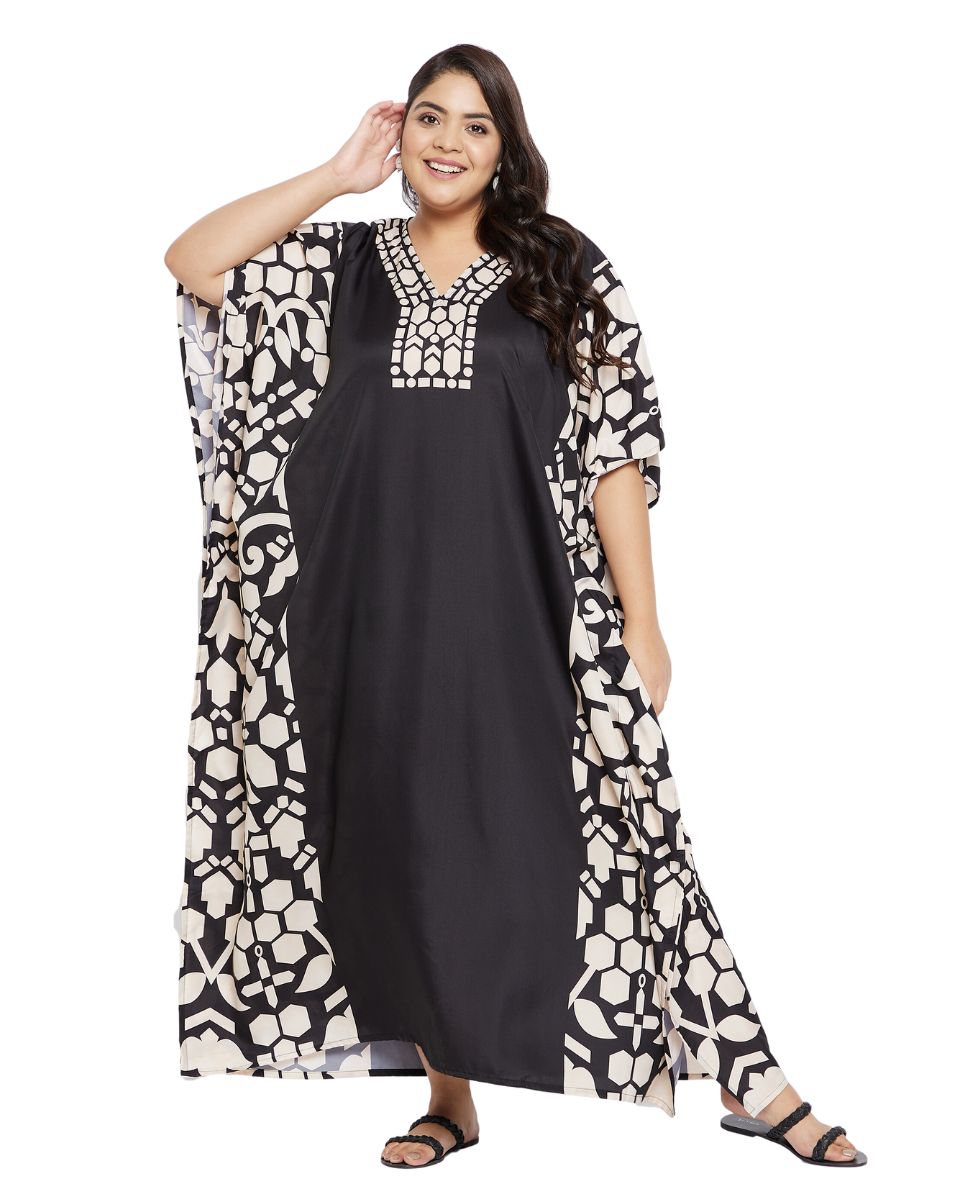 Geometric Black Plus Size Polyester Kaftan Dress For Women