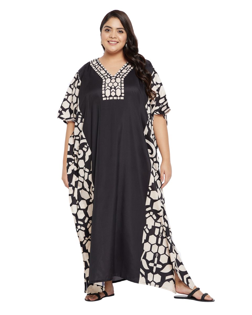 Geometric Black Plus Size Polyester Kaftan Dress For Women