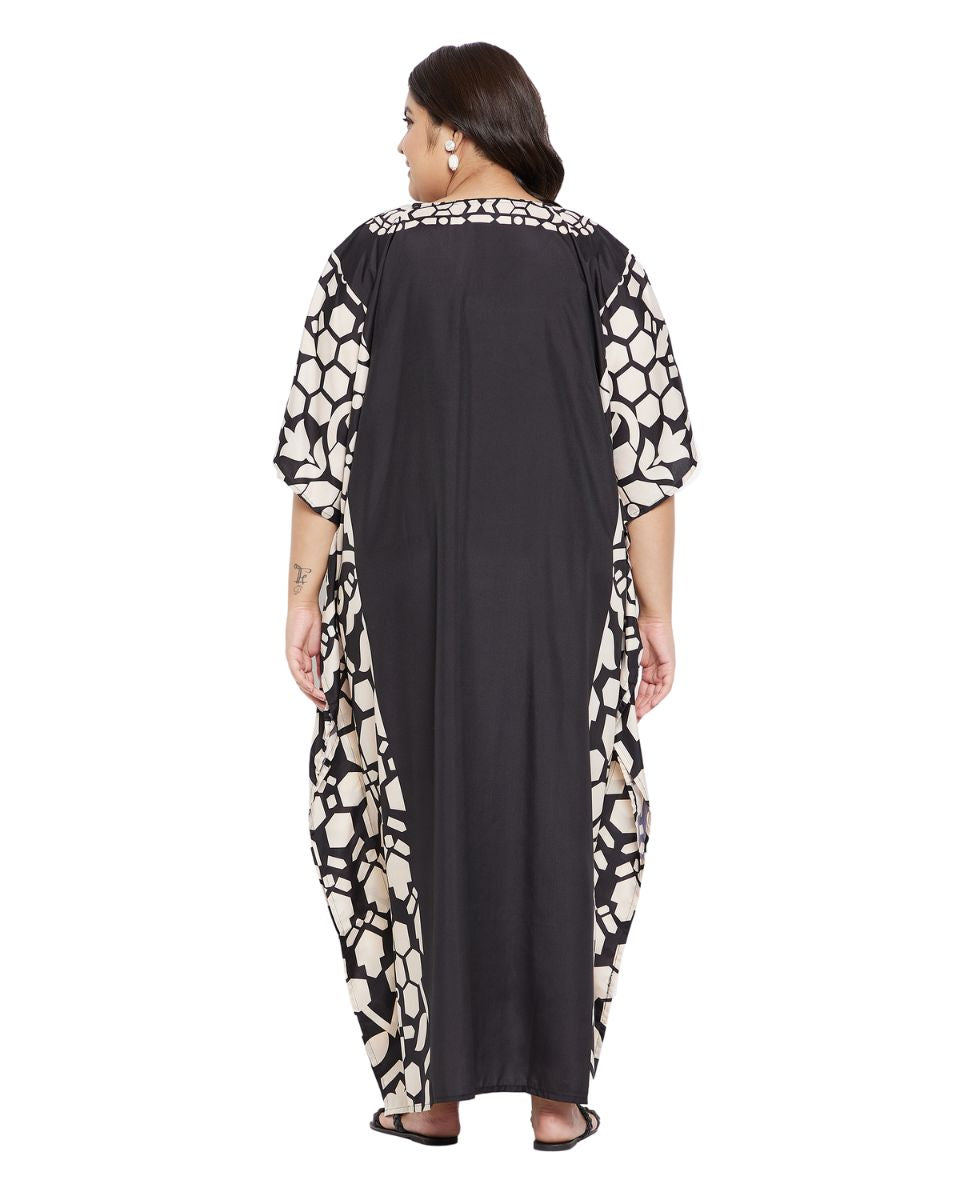 Geometric Black Plus Size Polyester Kaftan Dress For Women