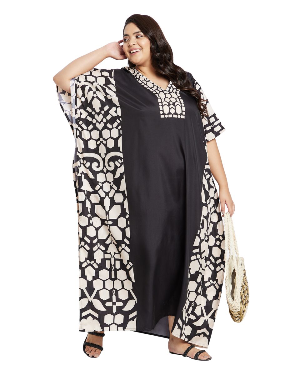 Geometric Black Plus Size Polyester Kaftan Dress For Women