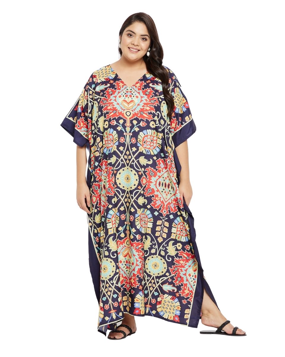 Floral Printed Navy Blue Polyester Plus Size Kaftan Dress For Women