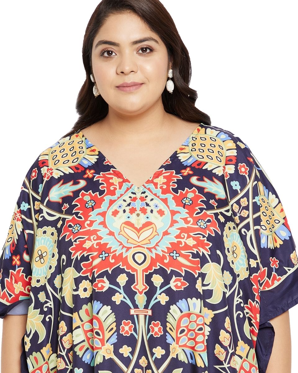 Floral Printed Navy Blue Polyester Plus Size Kaftan Dress For Women