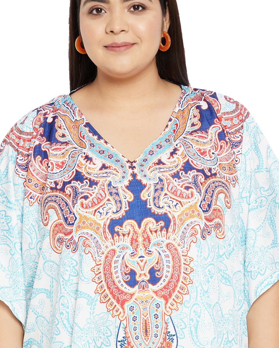 Floral Printed Turquoise Plus Size Polyester Kaftan Dress For Women