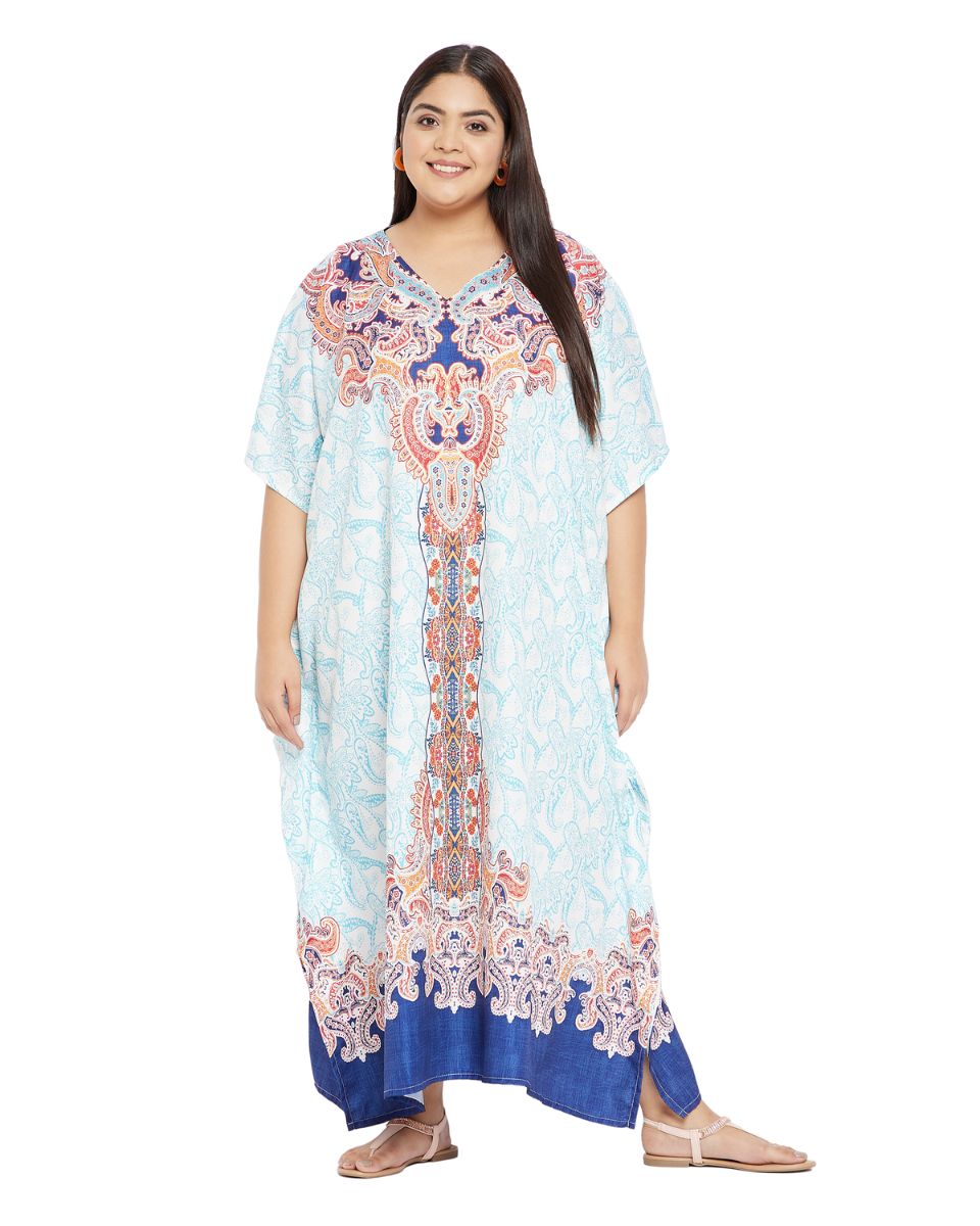 Floral Printed Turquoise Plus Size Polyester Kaftan Dress For Women