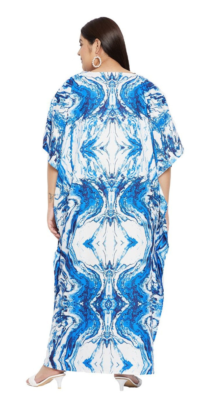 Blue and white marble swirl print polyester plus size kaftan with V-neck — alternate view