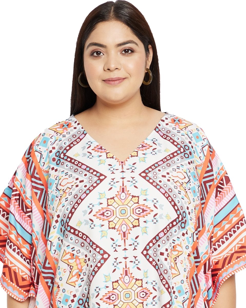 Geometric Printed Multicolor Polyester Plus Size Kaftan For Women