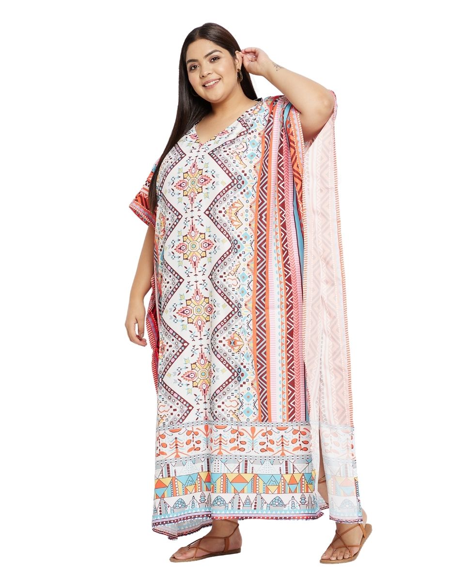 Geometric Printed Multicolor Polyester Plus Size Kaftan For Women