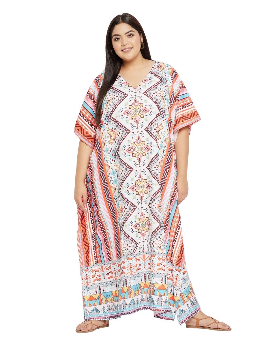 Geometric Printed Multicolor Polyester Plus Size Kaftan For Women