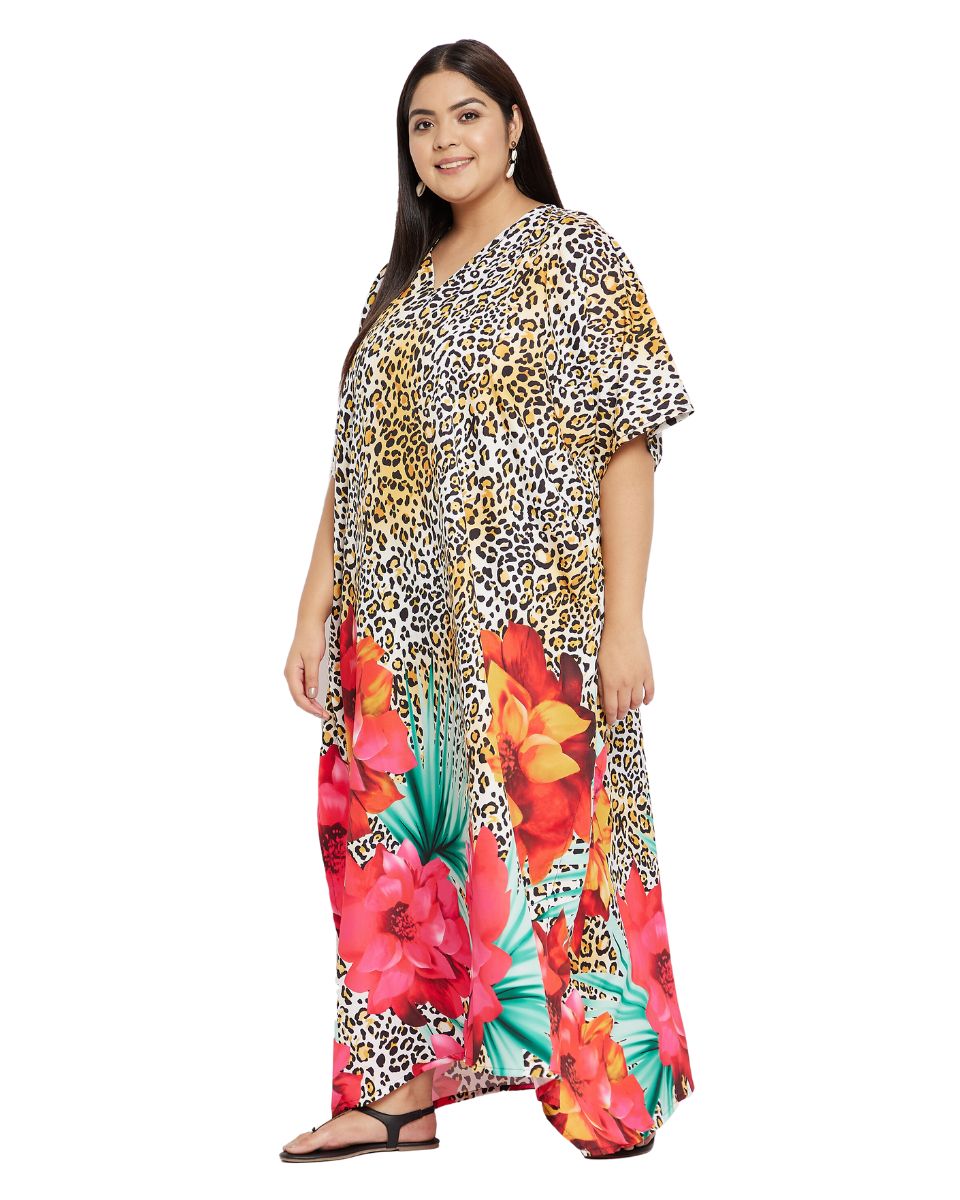 Floral Printed Yellow Polyester Kaftan Plus Size Dress For Women