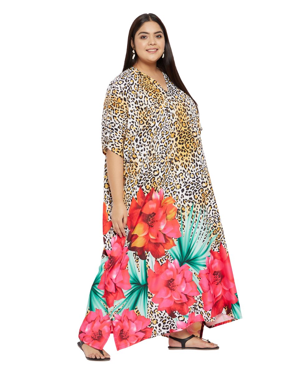 Floral Printed Yellow Polyester Kaftan Plus Size Dress For Women