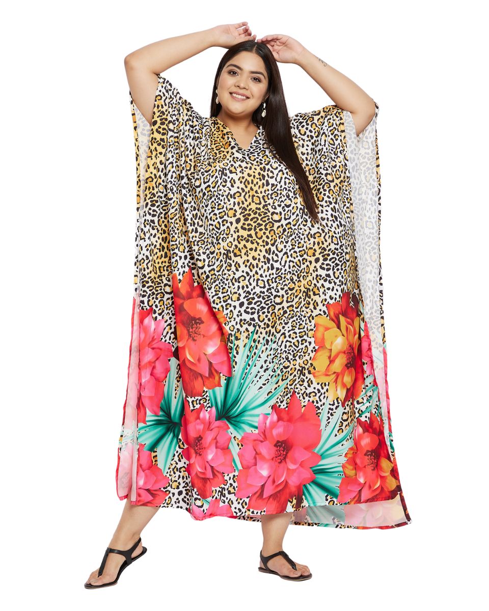 Floral Printed Yellow Polyester Kaftan Plus Size Dress For Women