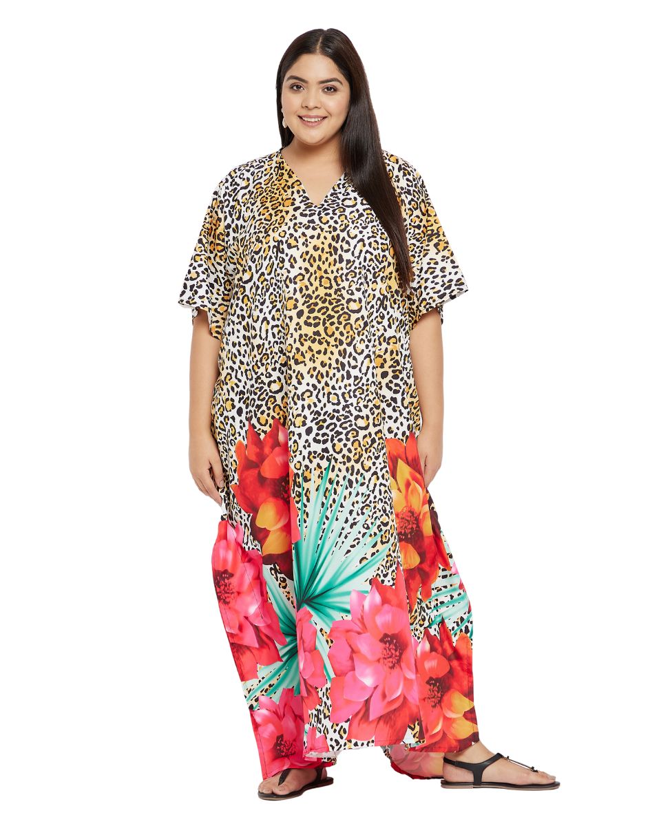Floral Printed Yellow Polyester Kaftan Plus Size Dress For Women
