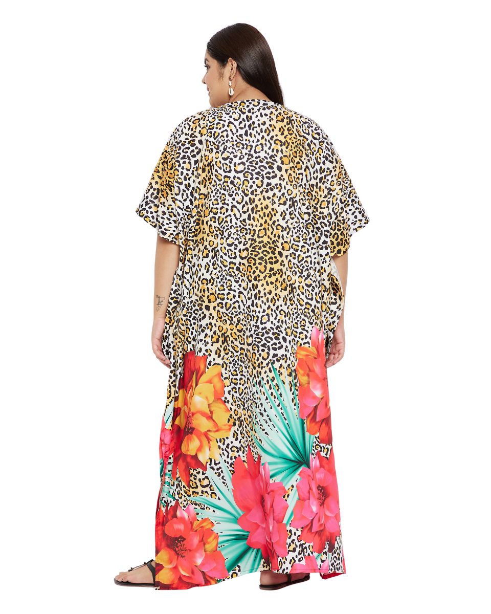 Floral Printed Yellow Polyester Kaftan Plus Size Dress For Women
