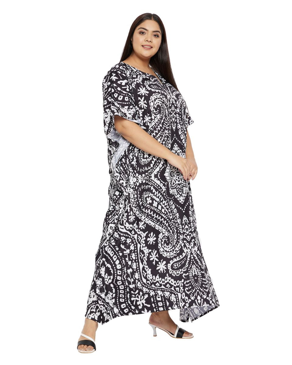 Paisley Printed Black Polyester Plus Size Kaftan Dress For Women
