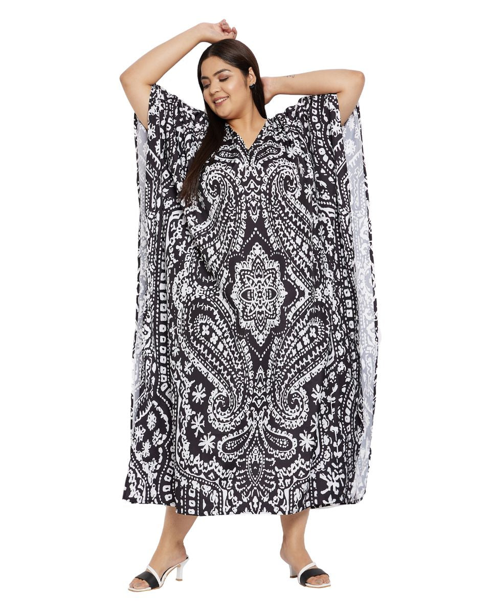 Paisley Printed Black Polyester Plus Size Kaftan Dress For Women