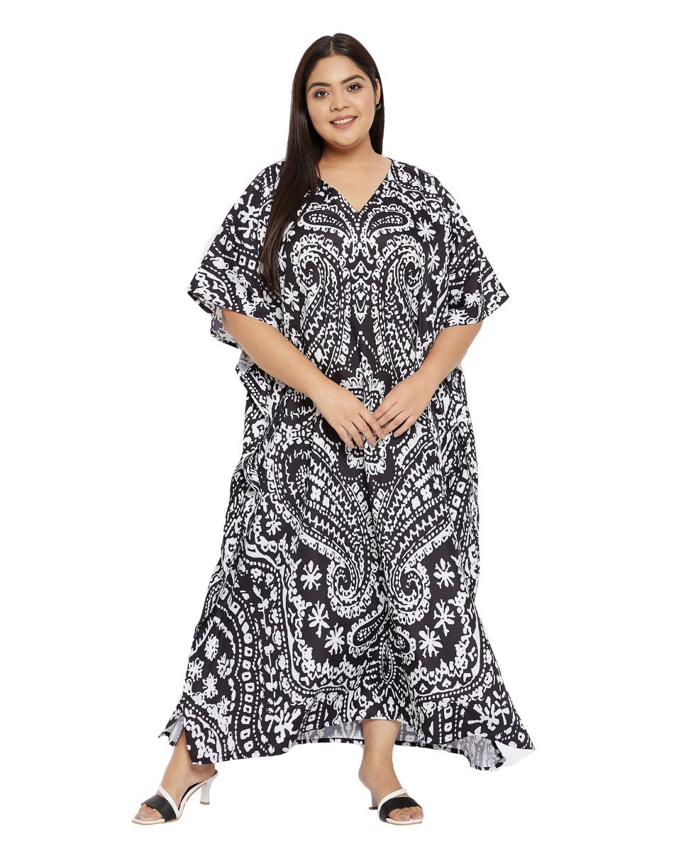Paisley Printed Black Polyester Plus Size Kaftan Dress For Women