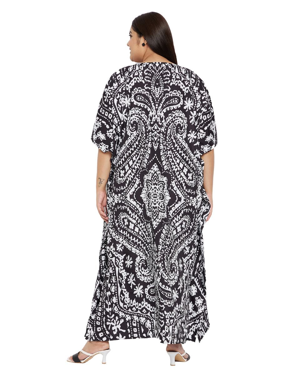 Paisley Printed Black Polyester Plus Size Kaftan Dress For Women