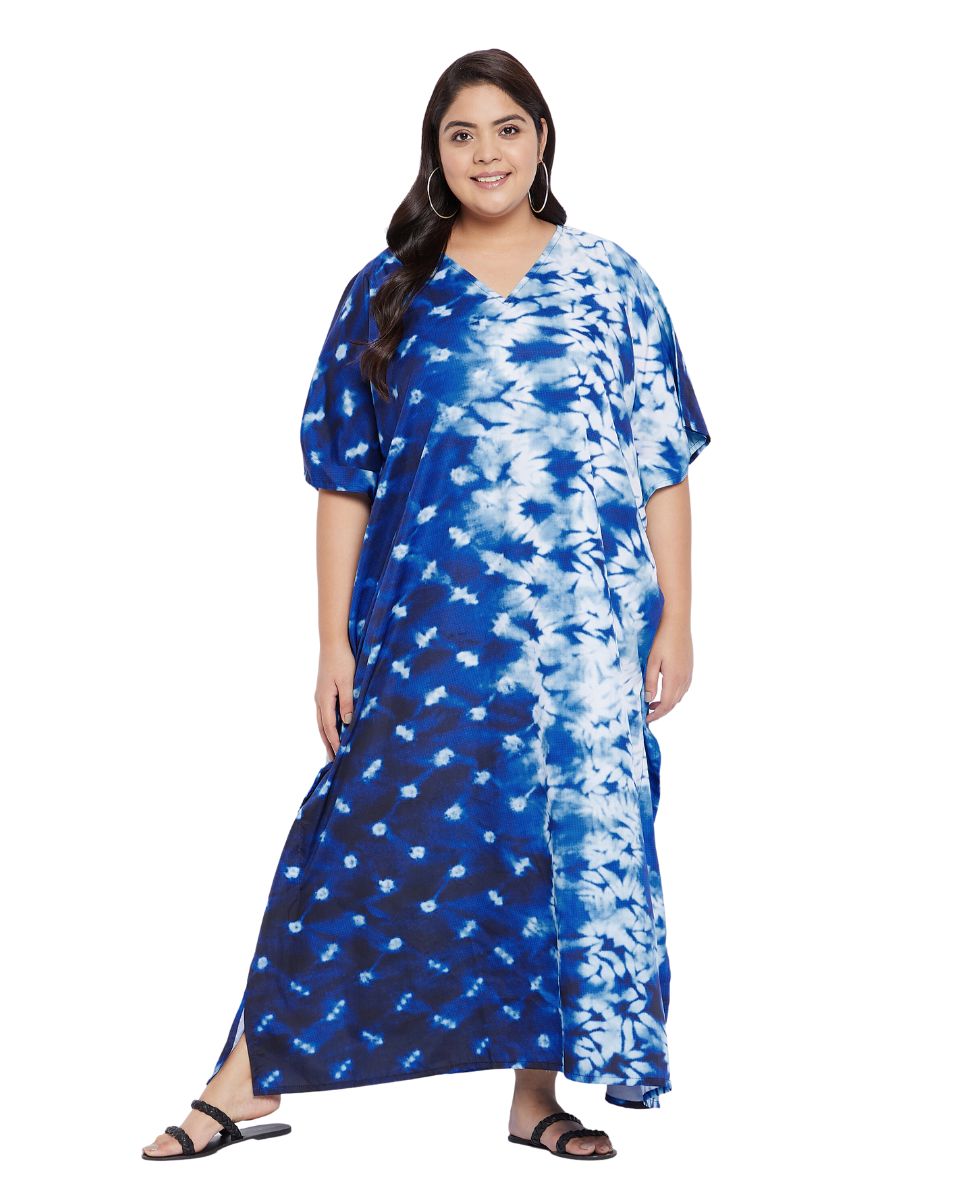 Blue Tie Dye Printed Polyester Plus Size Kaftan Dress For Women