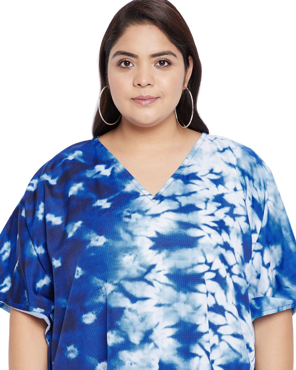 Blue Tie Dye Printed Polyester Plus Size Kaftan Dress For Women