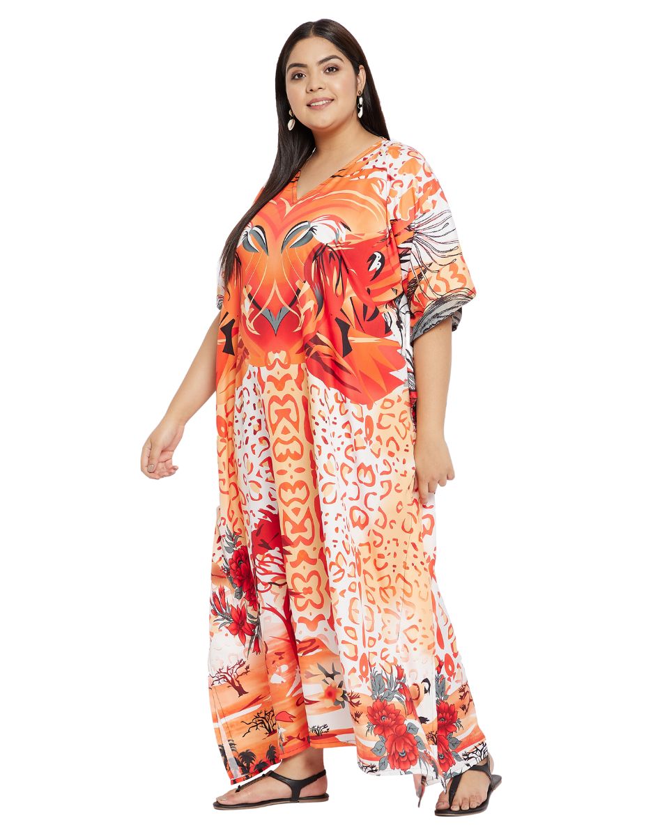 Kaftan For Plus Size Women Tribal Printed Orange Polyester