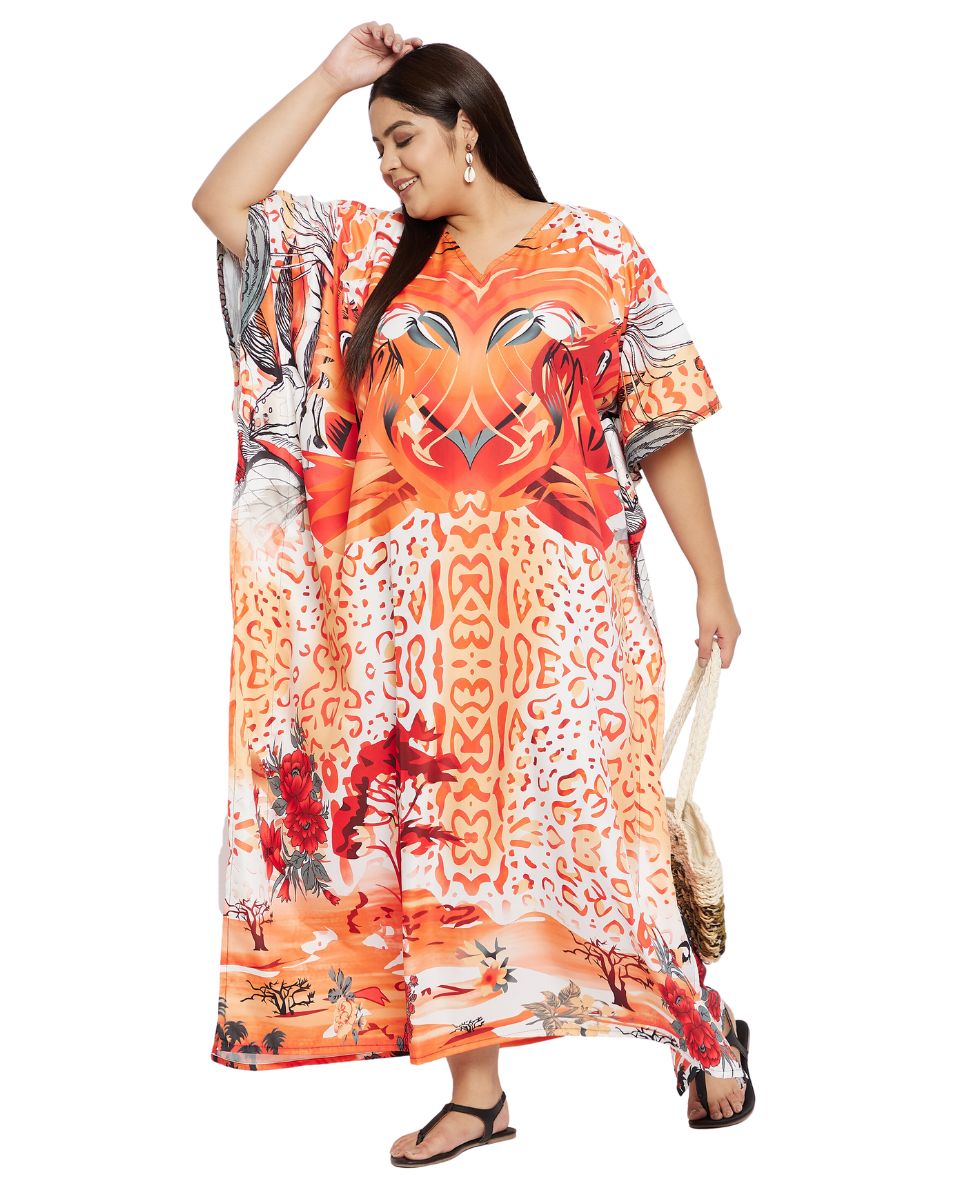 Kaftan For Plus Size Women Tribal Printed Orange Polyester