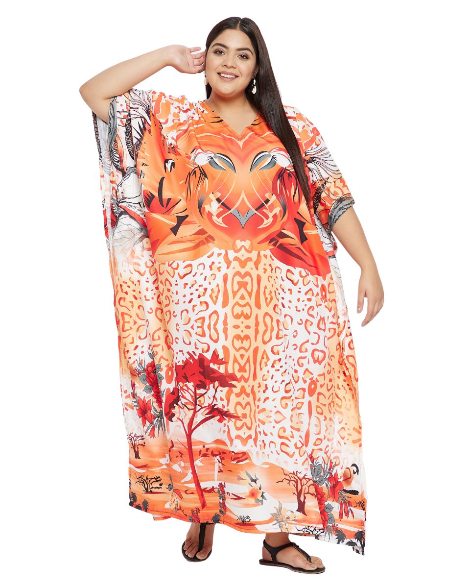 Kaftan For Plus Size Women Tribal Printed Orange Polyester