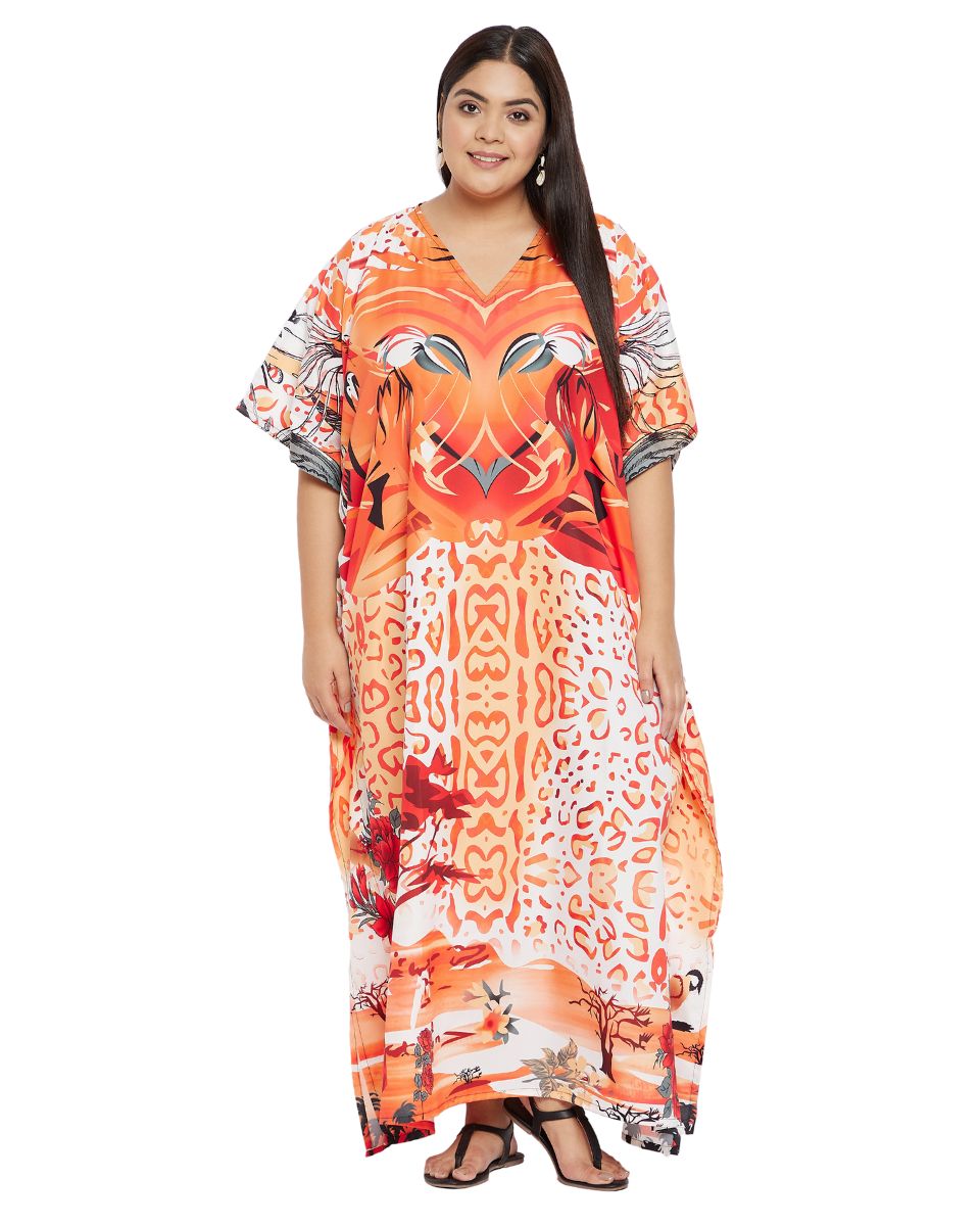 Kaftan For Plus Size Women Tribal Printed Orange Polyester