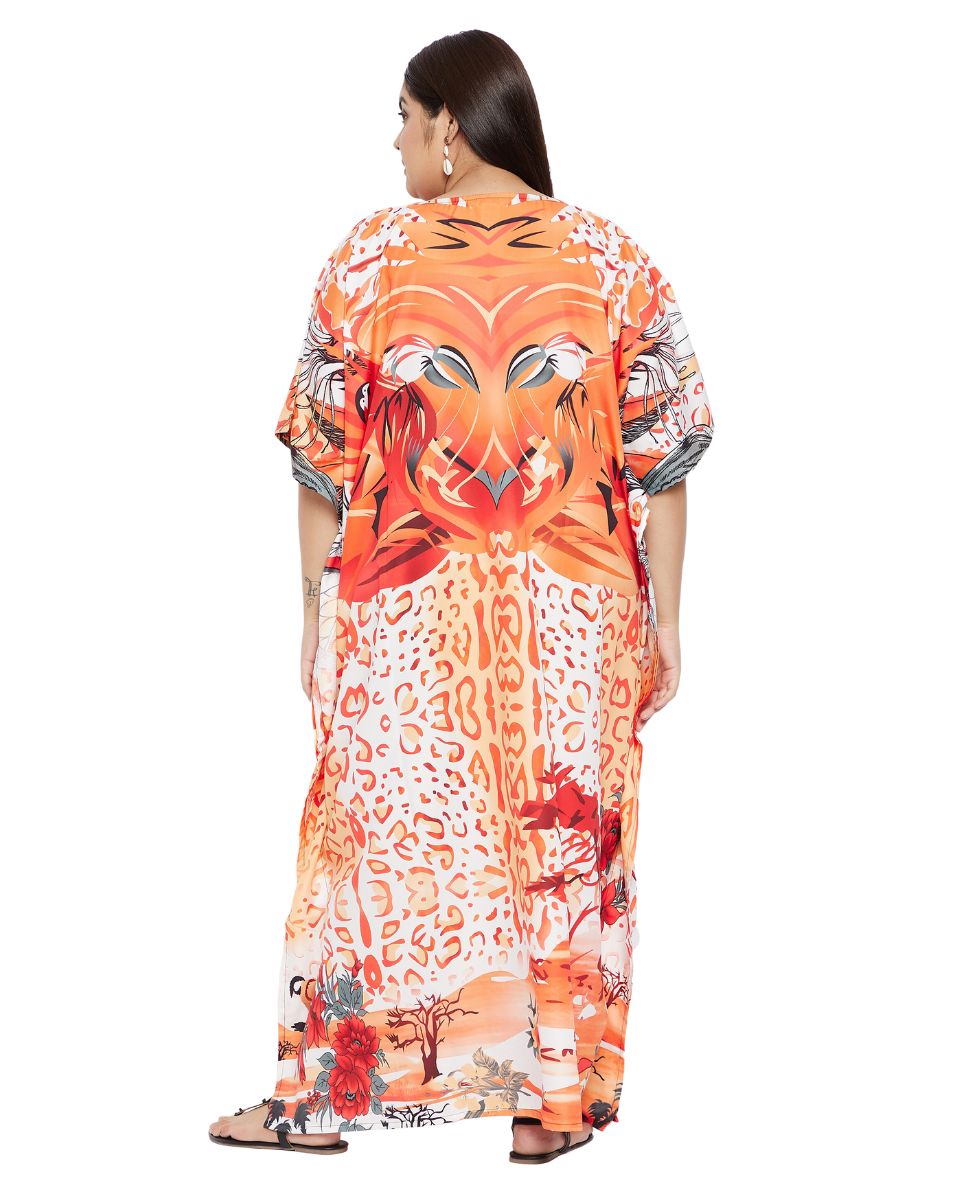 Kaftan For Plus Size Women Tribal Printed Orange Polyester