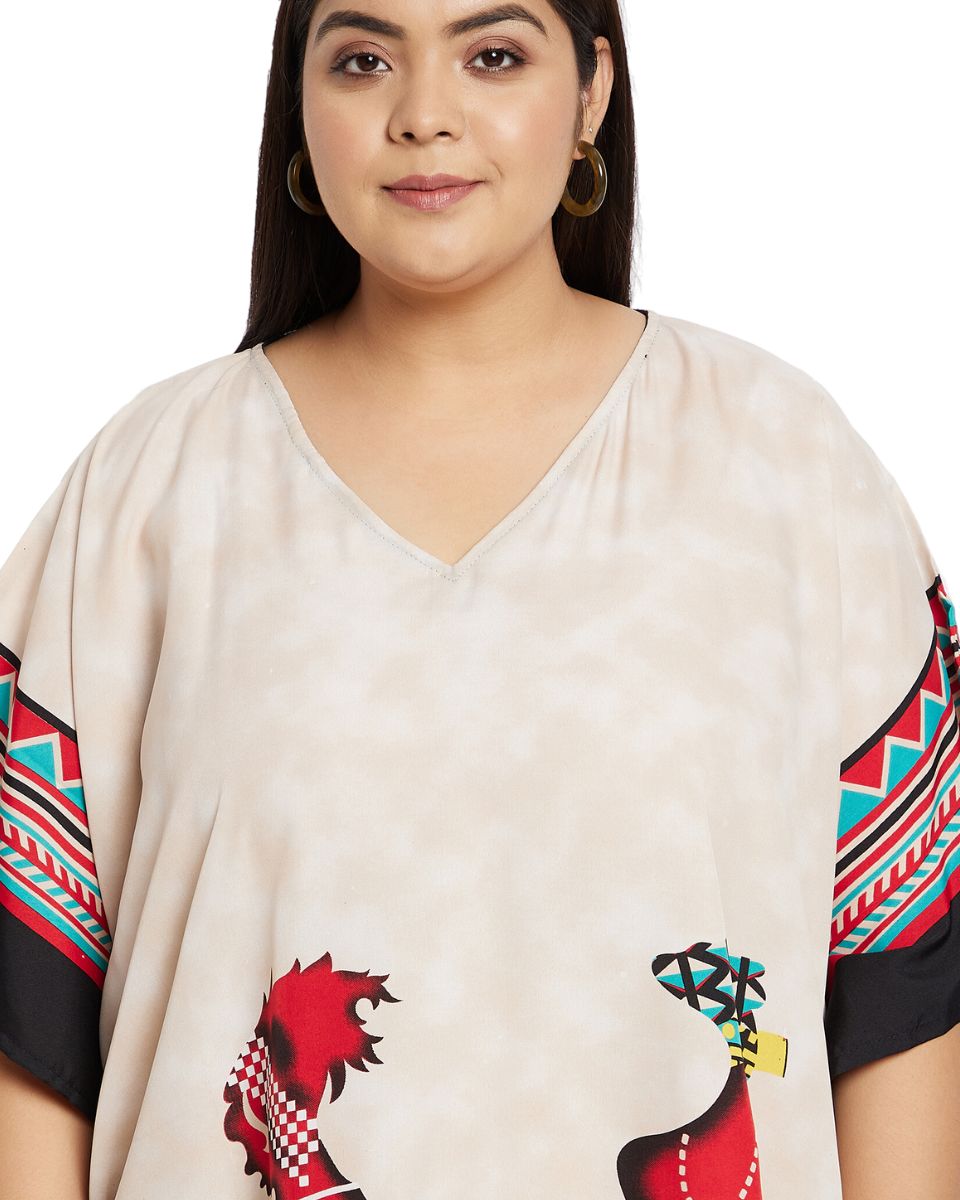 Kaftan Tribal Printed Beige Polyester Plus Size Dress For Women