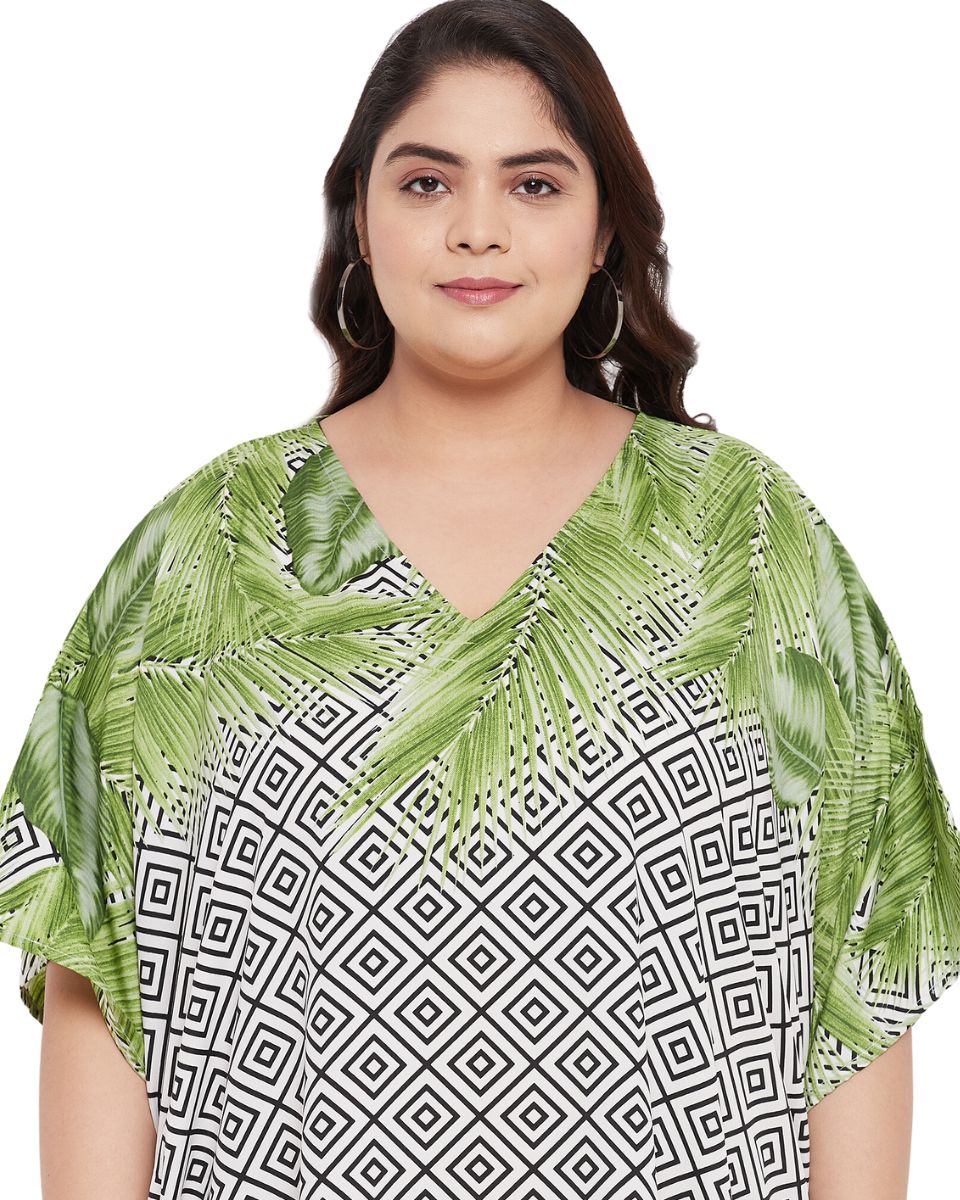 Leaf Printed  Plus Size Green Polyester Kaftan Dress For Women