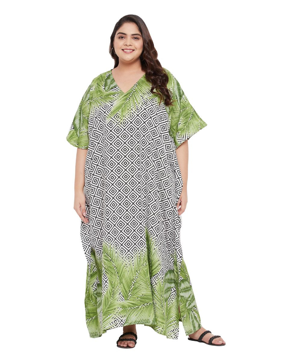 Leaf Printed  Plus Size Green Polyester Kaftan Dress For Women