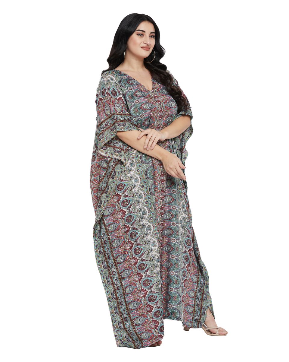 Paisley Printed Black Polyester Plus Size Kaftan Dress For Women