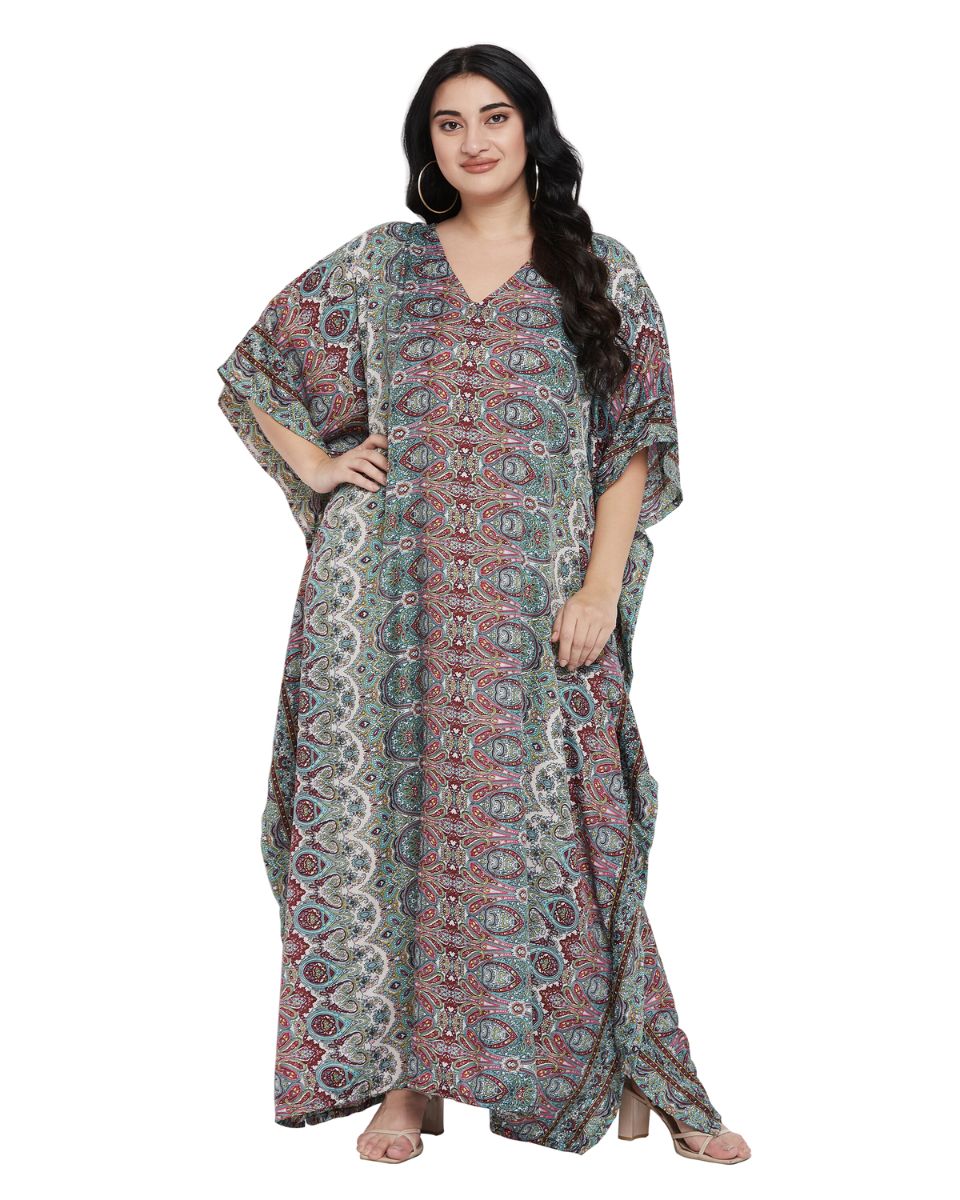 Paisley Printed Black Polyester Plus Size Kaftan Dress For Women