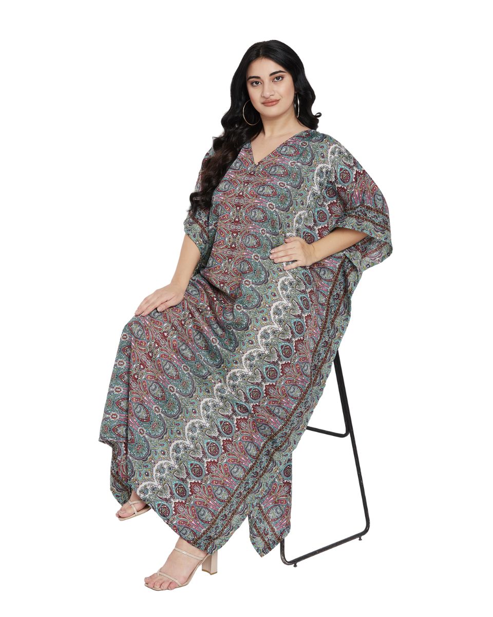 Paisley Printed Black Polyester Plus Size Kaftan Dress For Women