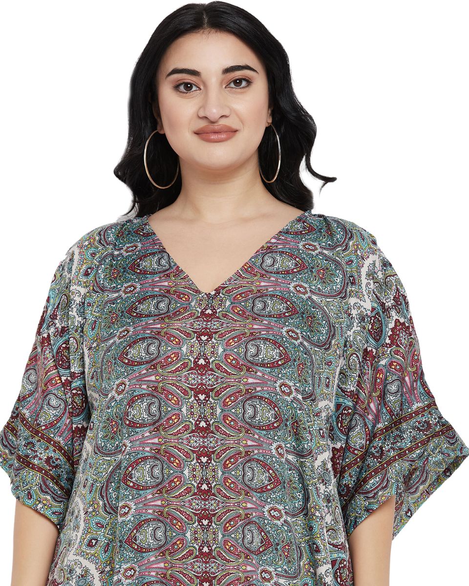 Paisley Printed Black Polyester Plus Size Kaftan Dress For Women